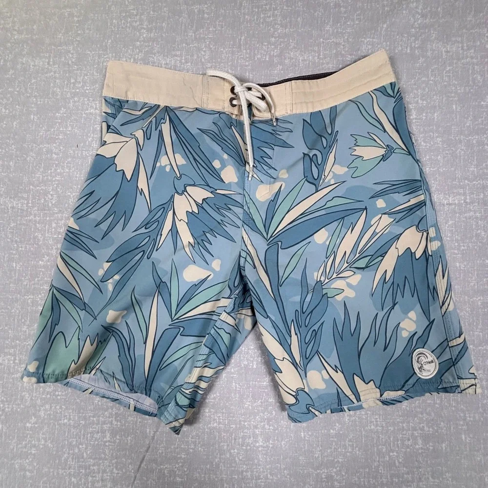 Lot of 2 O'Neill Mens Board Shorts Size 30 Blue Floral & Red Striped Swim Trunks